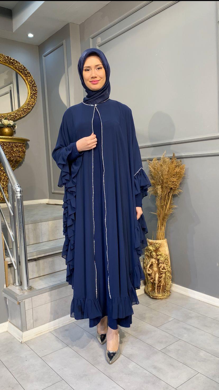 NEVON 4866 TAŞ İŞLEMELİ VE FIRFIR DETAYLI 2'Lİ ABAYA TAKIM