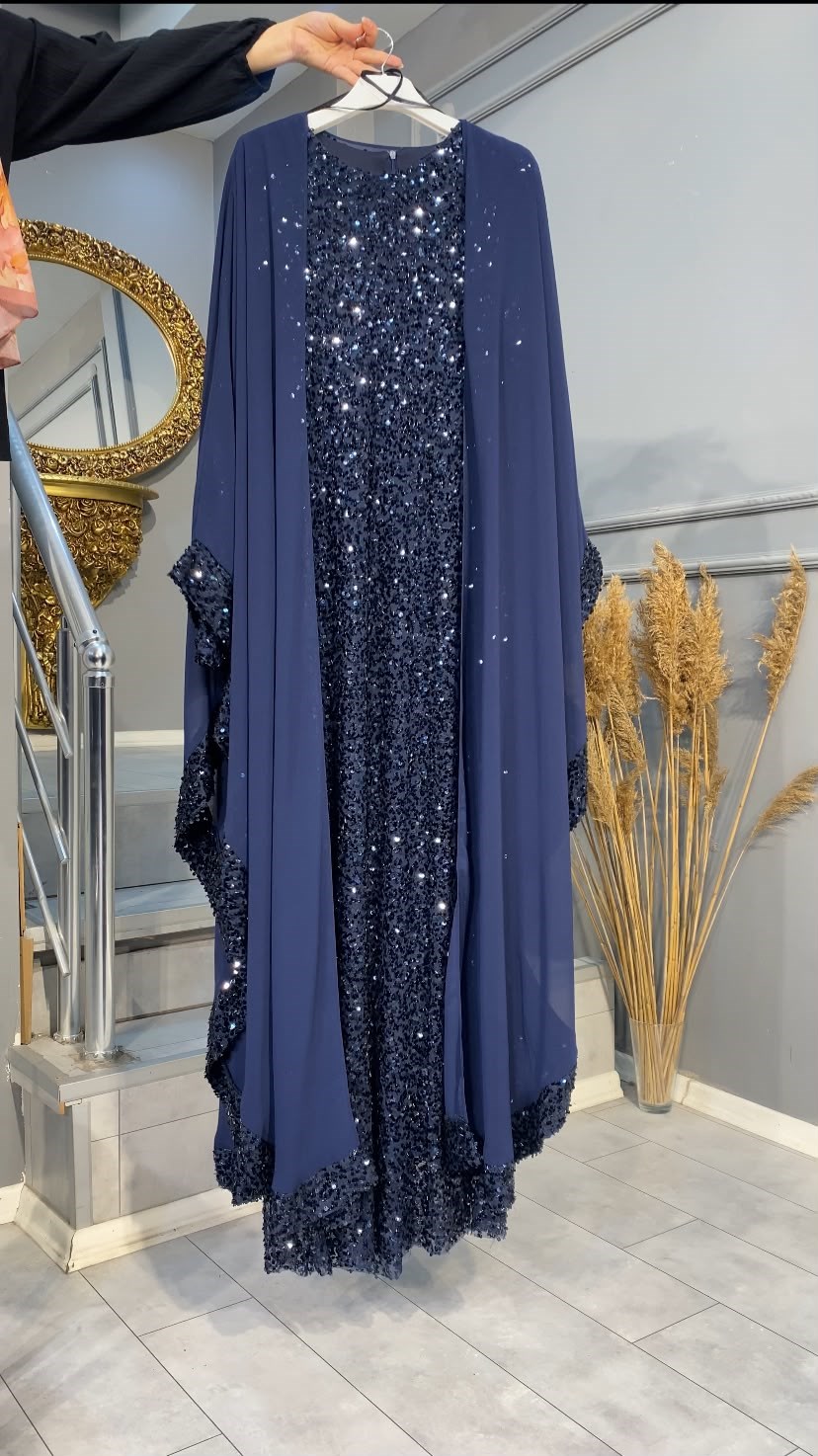 NEVON 5009 İÇİ KOMPLE PUL PAYET İŞLEME DETAYLI DIŞI ŞİFONLU 2'Lİ ABAYA TAKIM