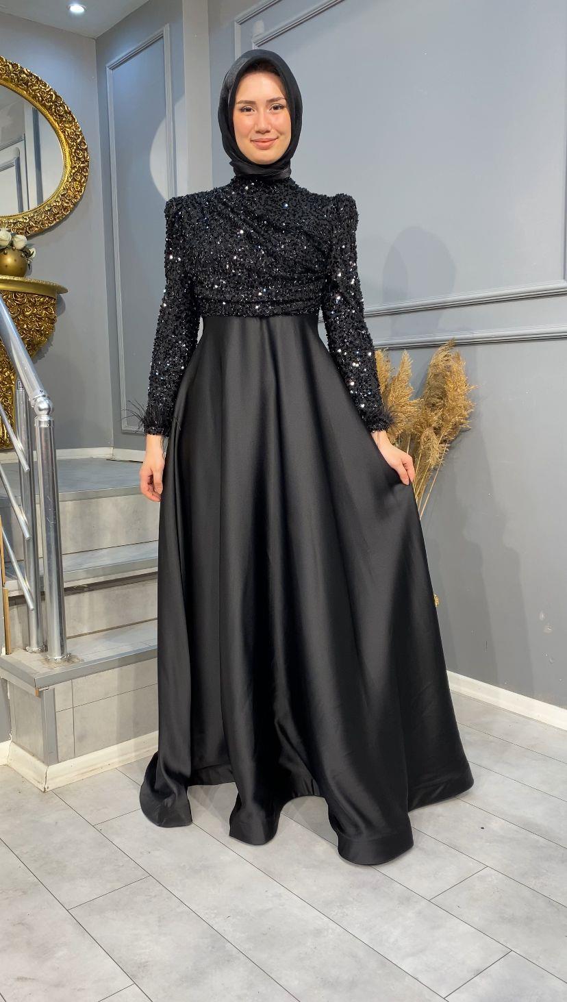 NEVON 528 ÜSTÜ PUL İŞLEME VE DRAPE DETAYLI ALTI SATEN ABİYE