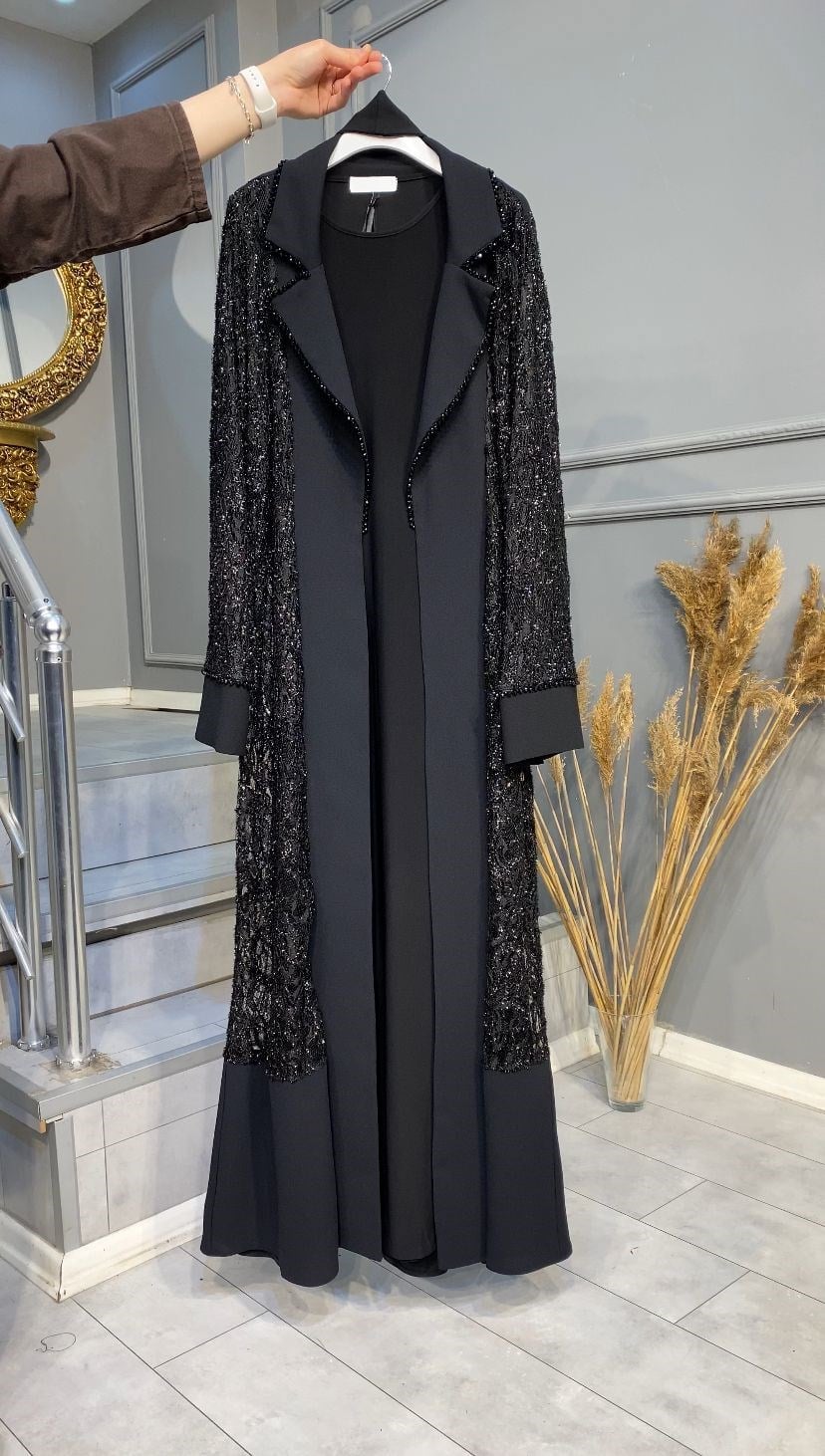 NEVON 605 ÜZERİ TAŞ VE SİM İŞLEME DETAYLI 2'Lİ ABAYA TAKIM