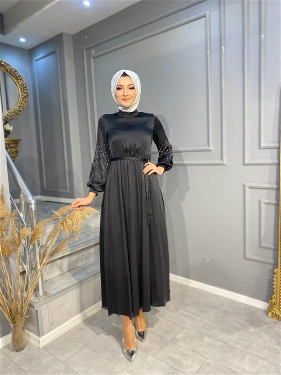 NEVON 70097 KOLLARI TAŞ İŞLEMELİ JAKARLI ABİYE ELBİSE 