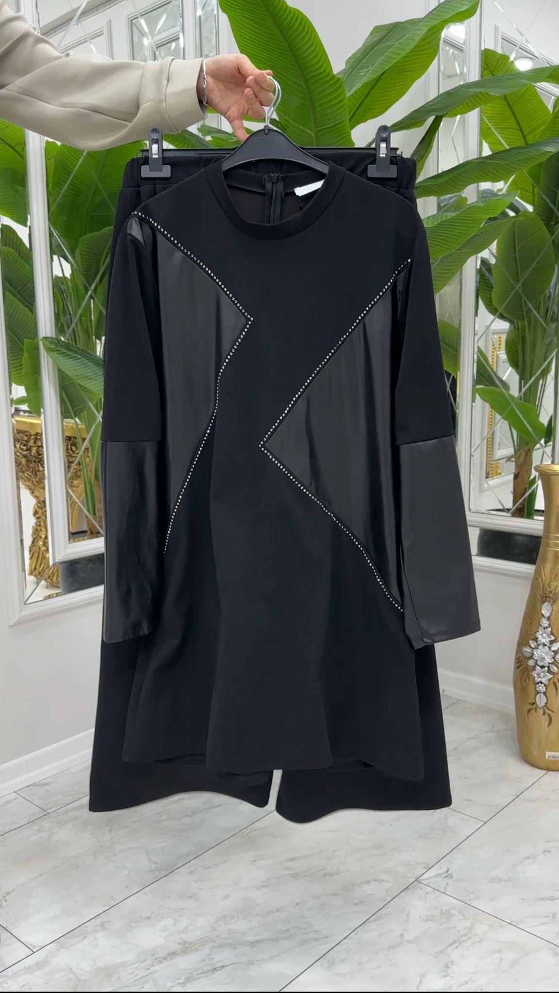 nevon 7073 taş işleme ve deri detaylı pantalon takım 