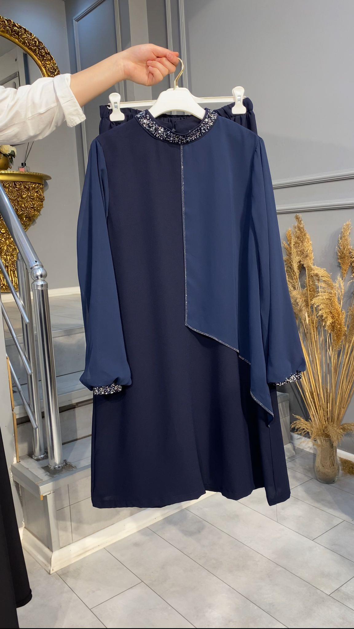 NEVON 7106 ŞİFON VE TAŞ İŞLEME DETAYLI KREP PANTOLON TAKIM 