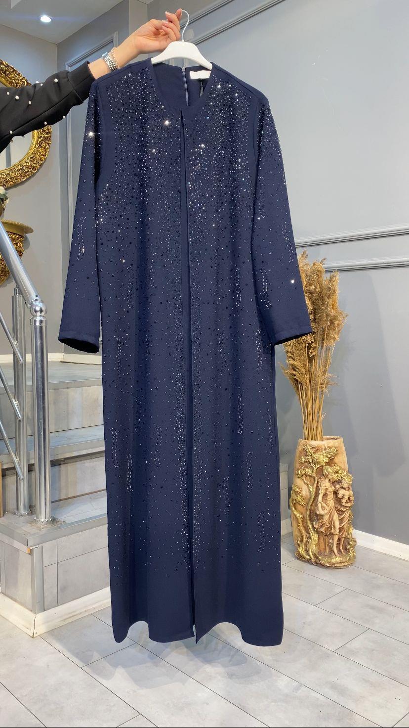 NEVON 7243 ABAYA GÖRÜNÜMLÜ ÜSTÜ FULL TAŞ İŞLEME KREP ELBİSE