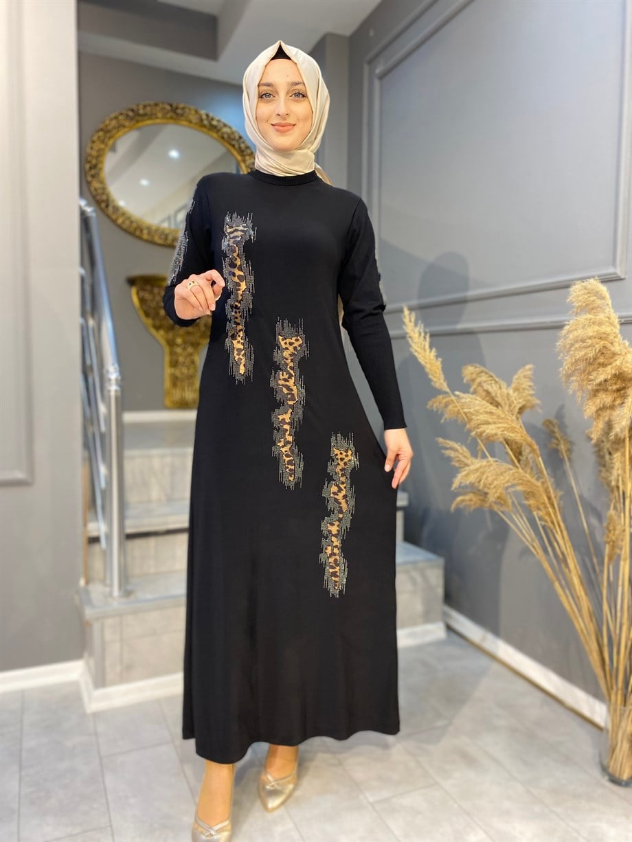 Nevon 731 Leopar ve Taş İşleme Detay Kolları Soğuk İplik Merserize Elbise 