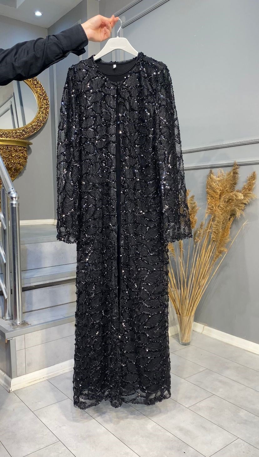 NEVON 7506 KOMPLE PUL PAYET İŞLEMELİ ABAYA TAKIM