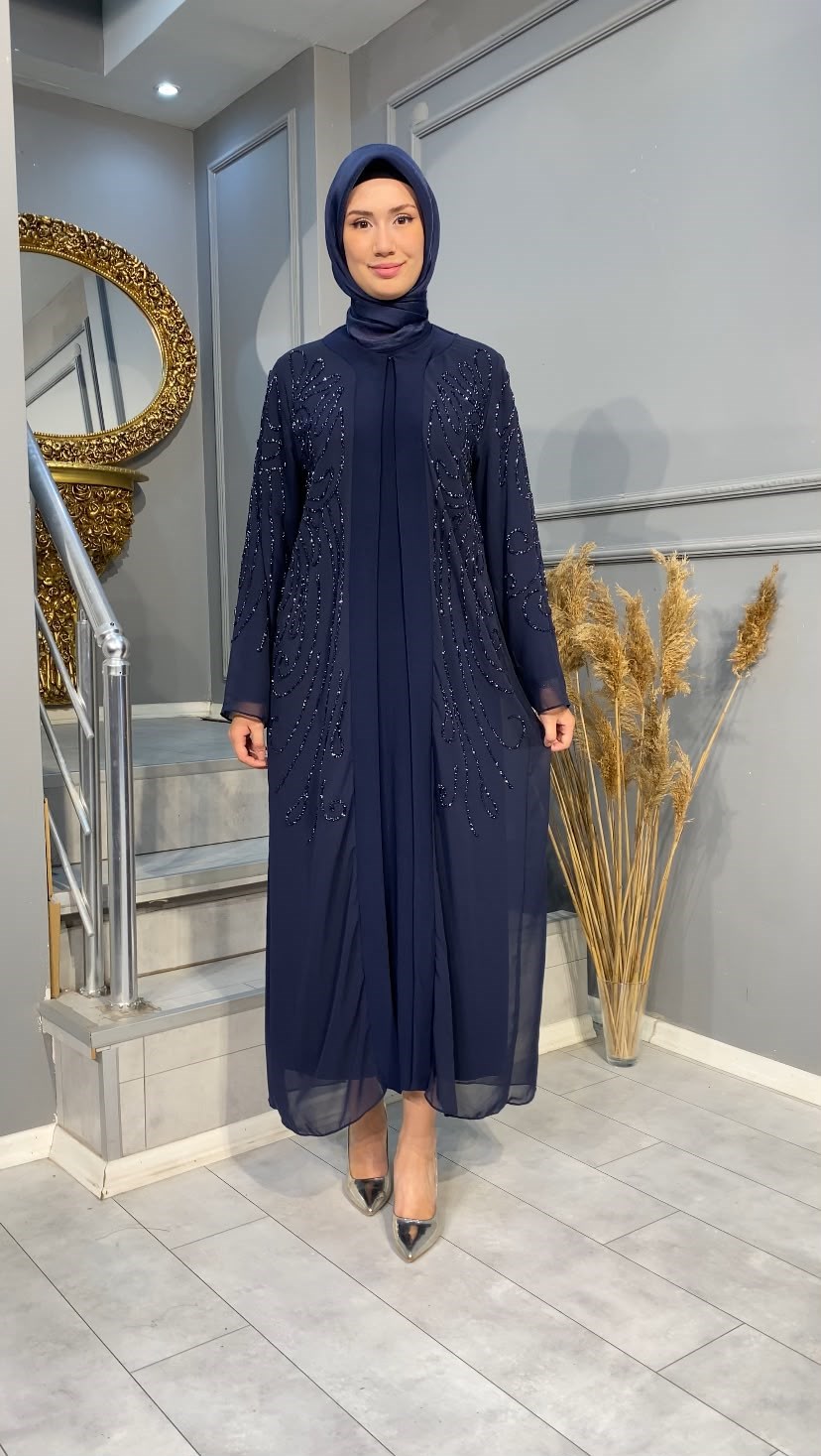 NEVON 7509 TAŞ İŞLEMELİ ŞİFON ABAYA TAKIM