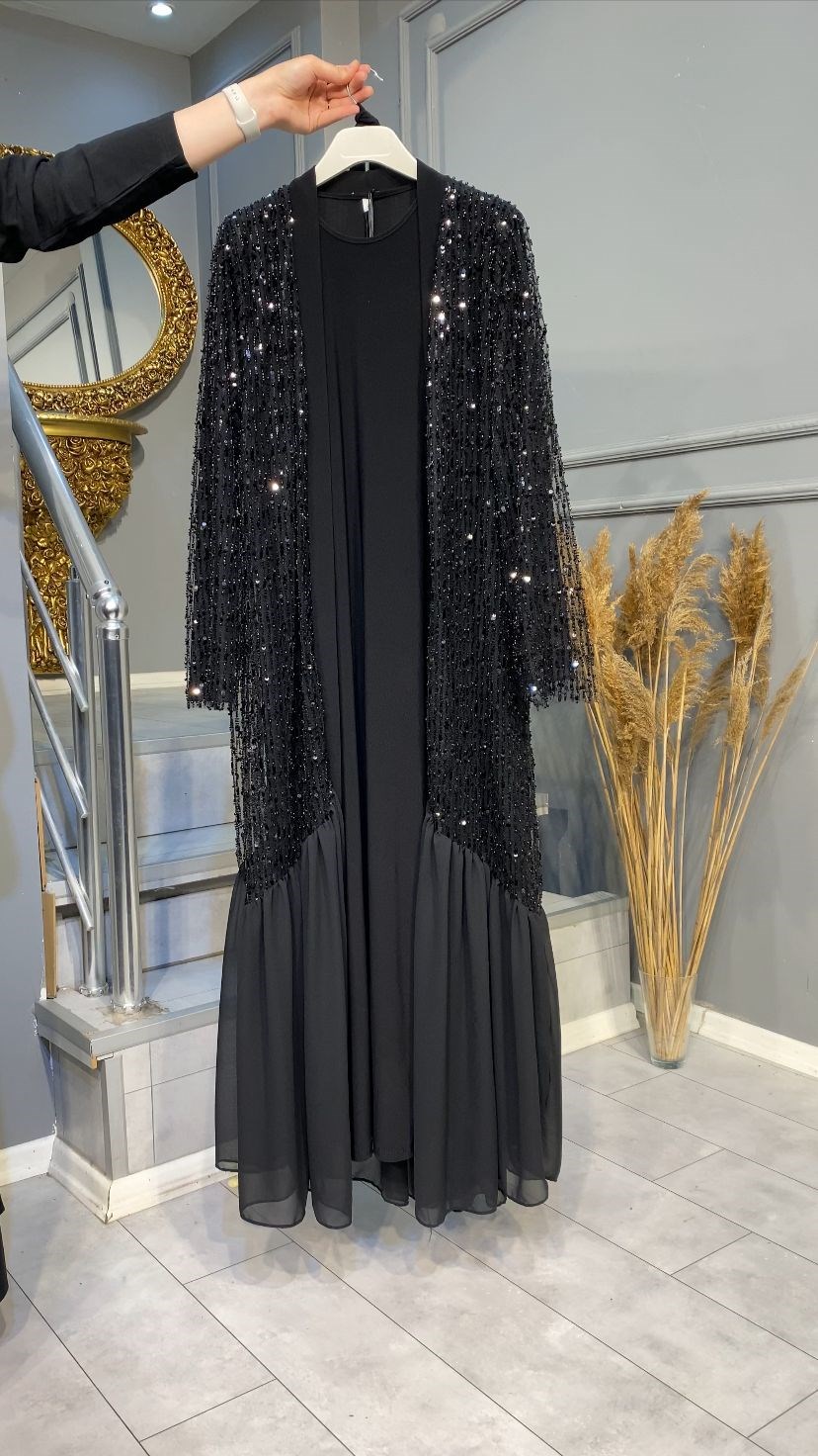 NEVON 7517 PUL İŞLEME DETAYLI VALONLU 2'Lİ ABAYA TAKIM 