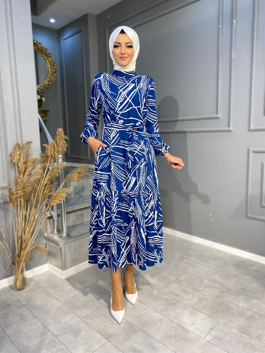 NEVON 776 ÖZEL KOLEKSİYON KENDİNDEN DESENLİ TİRİL TİRİL KUMAŞ ELBİSE MODELİMİZ