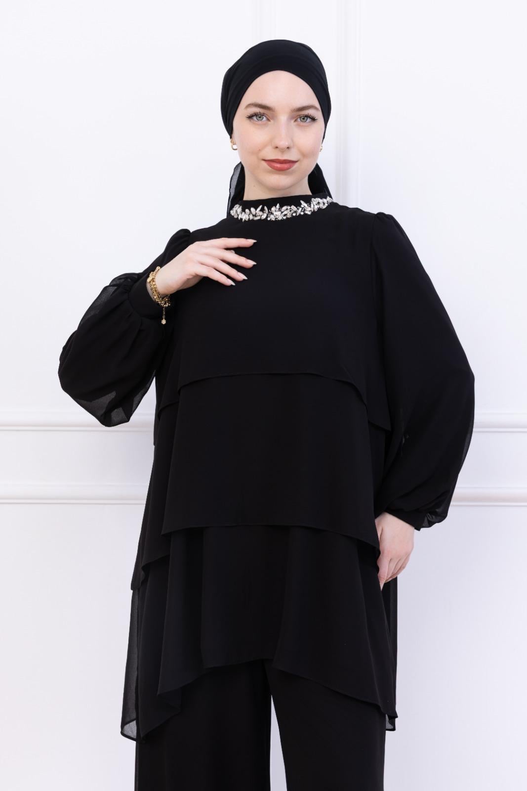 NEVON 9338 TAŞ İŞLEMELİ KAT KAT ŞİFON PANTOLON TAKIM 
