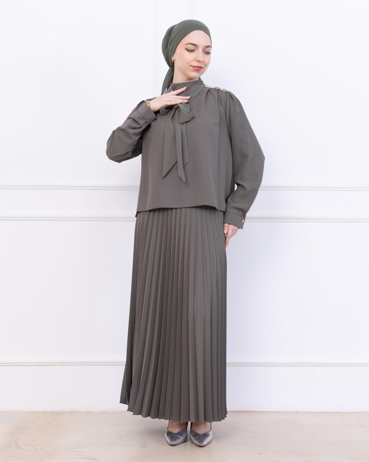 NEVON 9341 TAŞ İŞLEME DETAYLI PİLELİ KREP ETEK TAKIM 