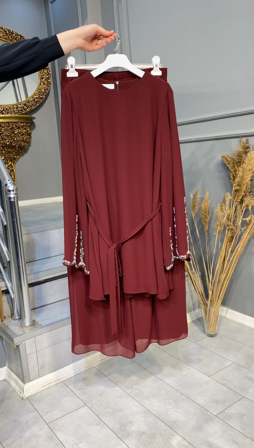 NEVON 9360 KOLLARI TAŞ İŞLEME DETAYLI ŞİFON PANTOLON TAKIM