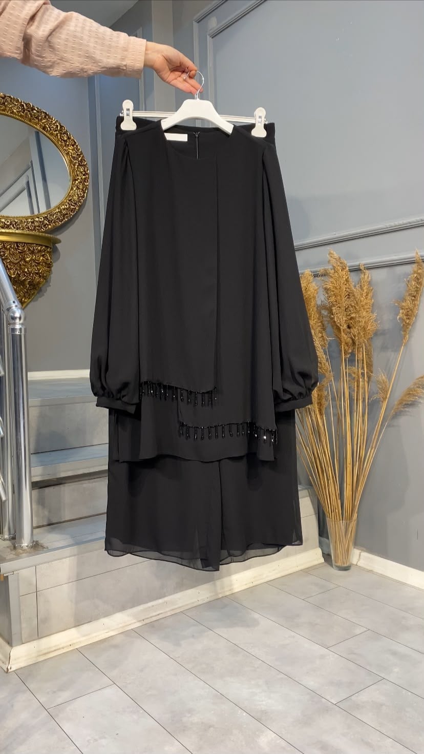 NEVON 9372 TUNİK UCU BONCUK DETAYLI ŞİFON PANTOLON TAKIM 