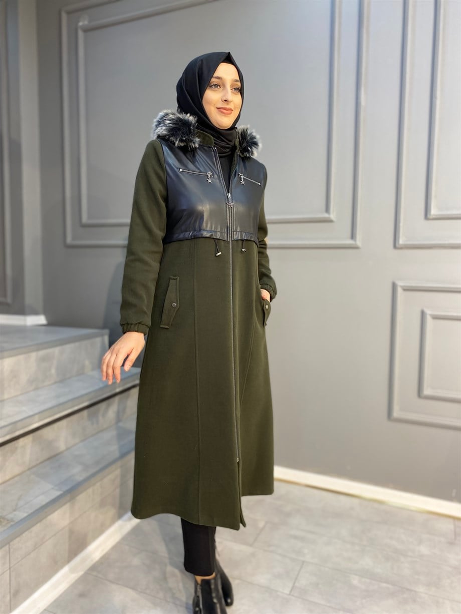 Nevon Deri Garneli Kaşe Kaban 