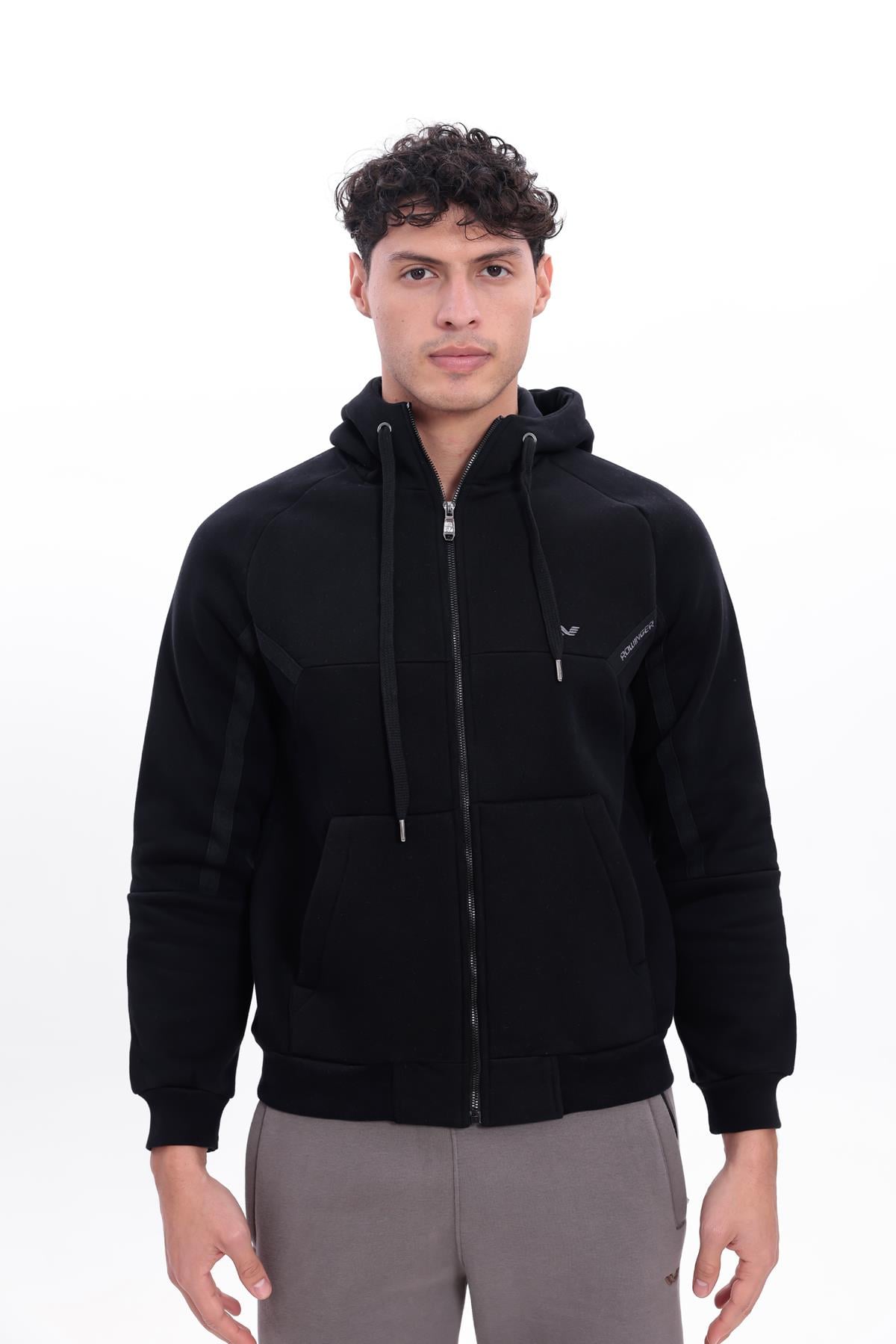 3 İplik Kalın Dokulu Parçalı Görünümlü Kapüşonlu Tam Fermuarlı Erkek Sweatshirt