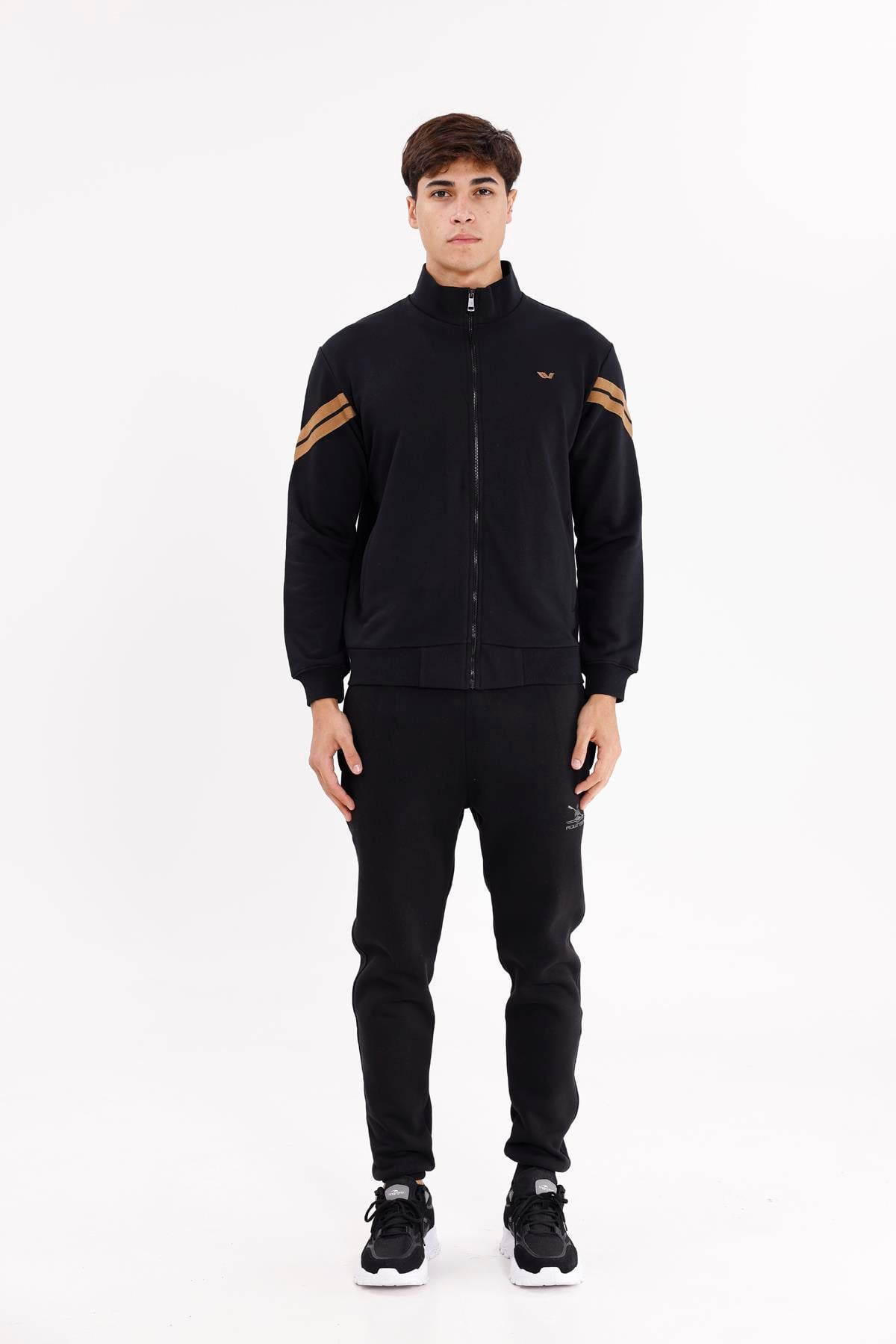 Dik Yaka Çift Şerit Kollu Tam Fermuarlı Sweatshirt
