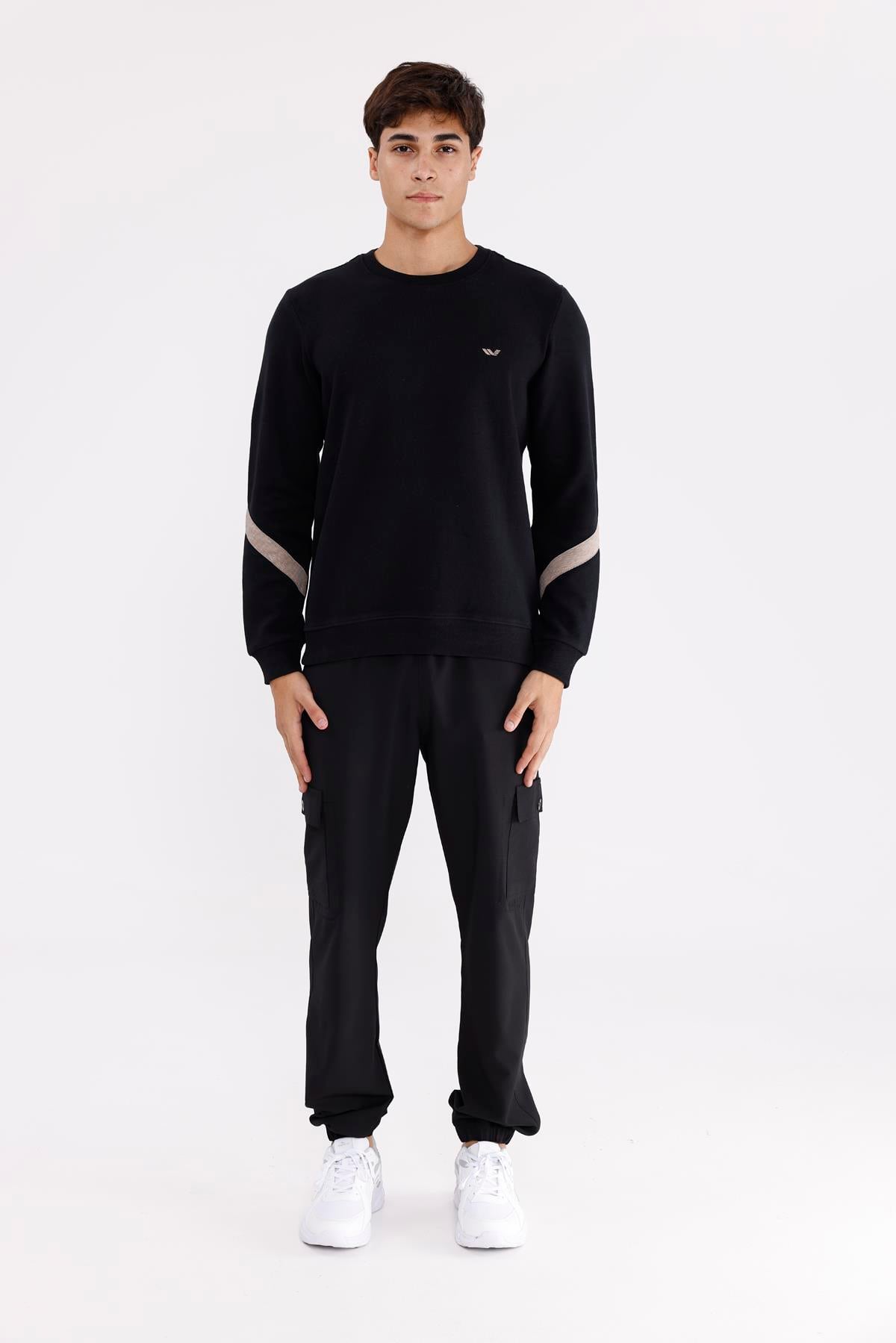 Kol Şerit Detaylı Yuvarlak Yaka Göğüs Logolu Rahat Kalıp Mevsimlik Sweatshirt