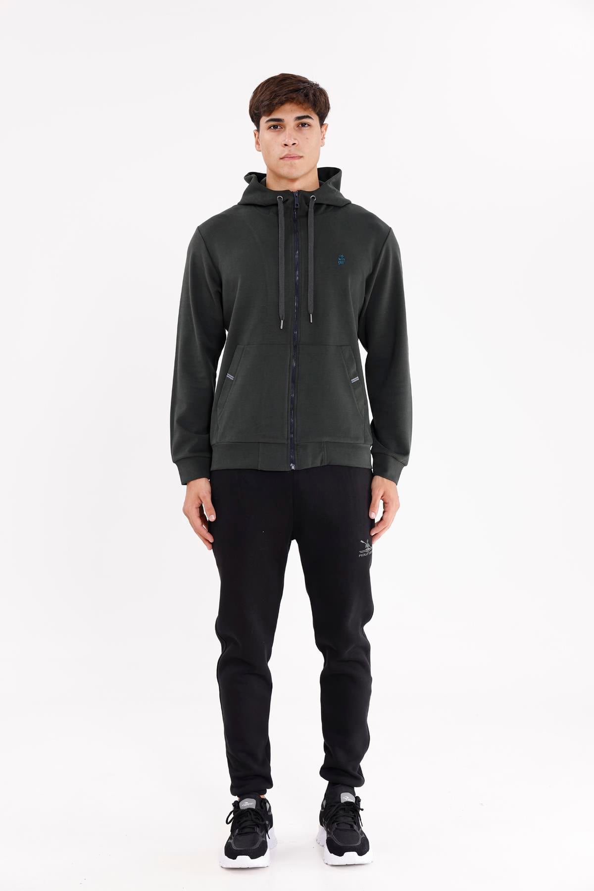 Metal Uçlu Kordonlu Tam Fermuarlı Bölmeli Ön Cepli Küçük Nakış Logolu Rahat Kalıp Mevsimlik Kapüşonlu Sweatshirt
