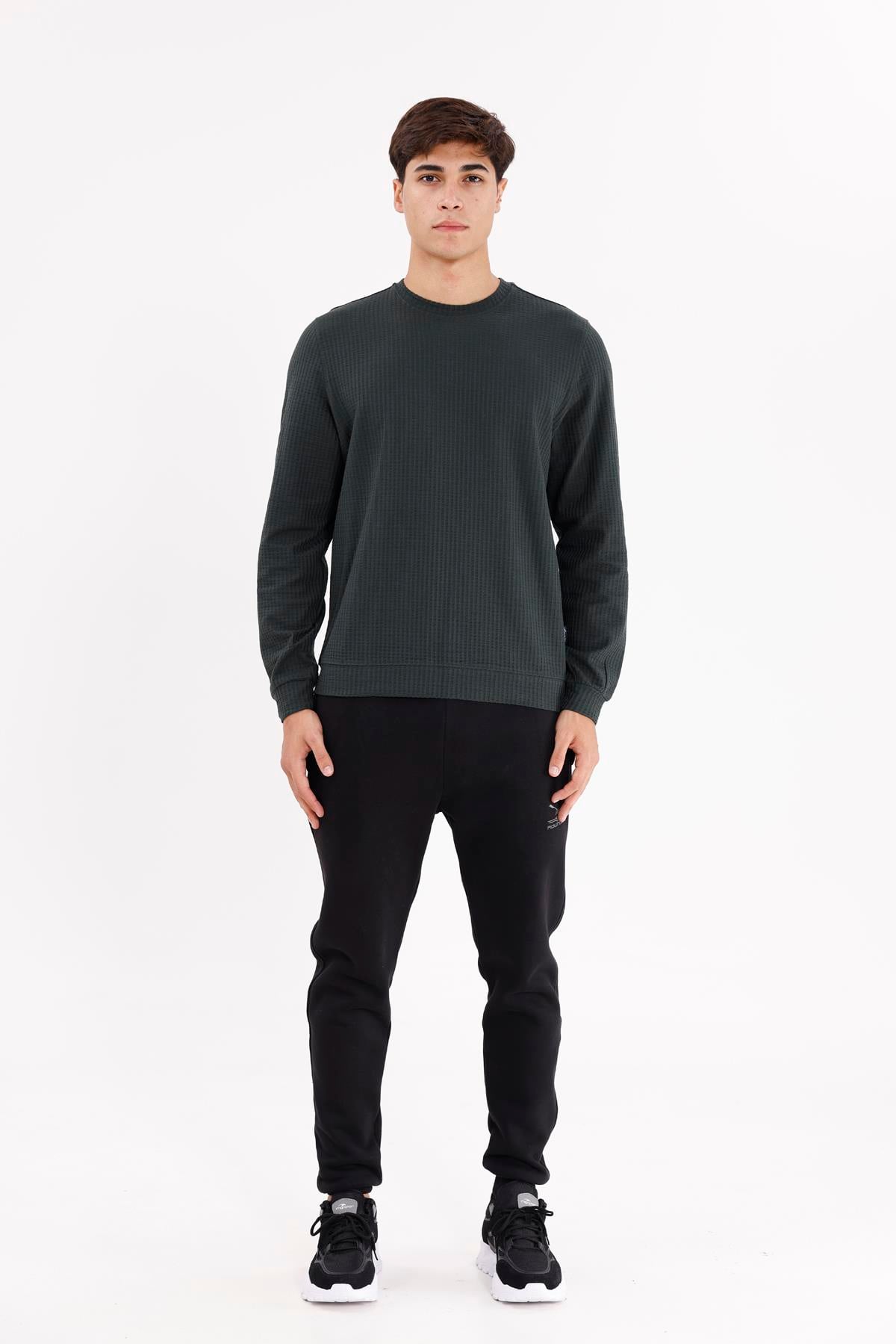 Petek Yüzeyli Bisiklet Yaka Rahat Kalıp Lastik Manşetli Mevsimlik Sweatshirt