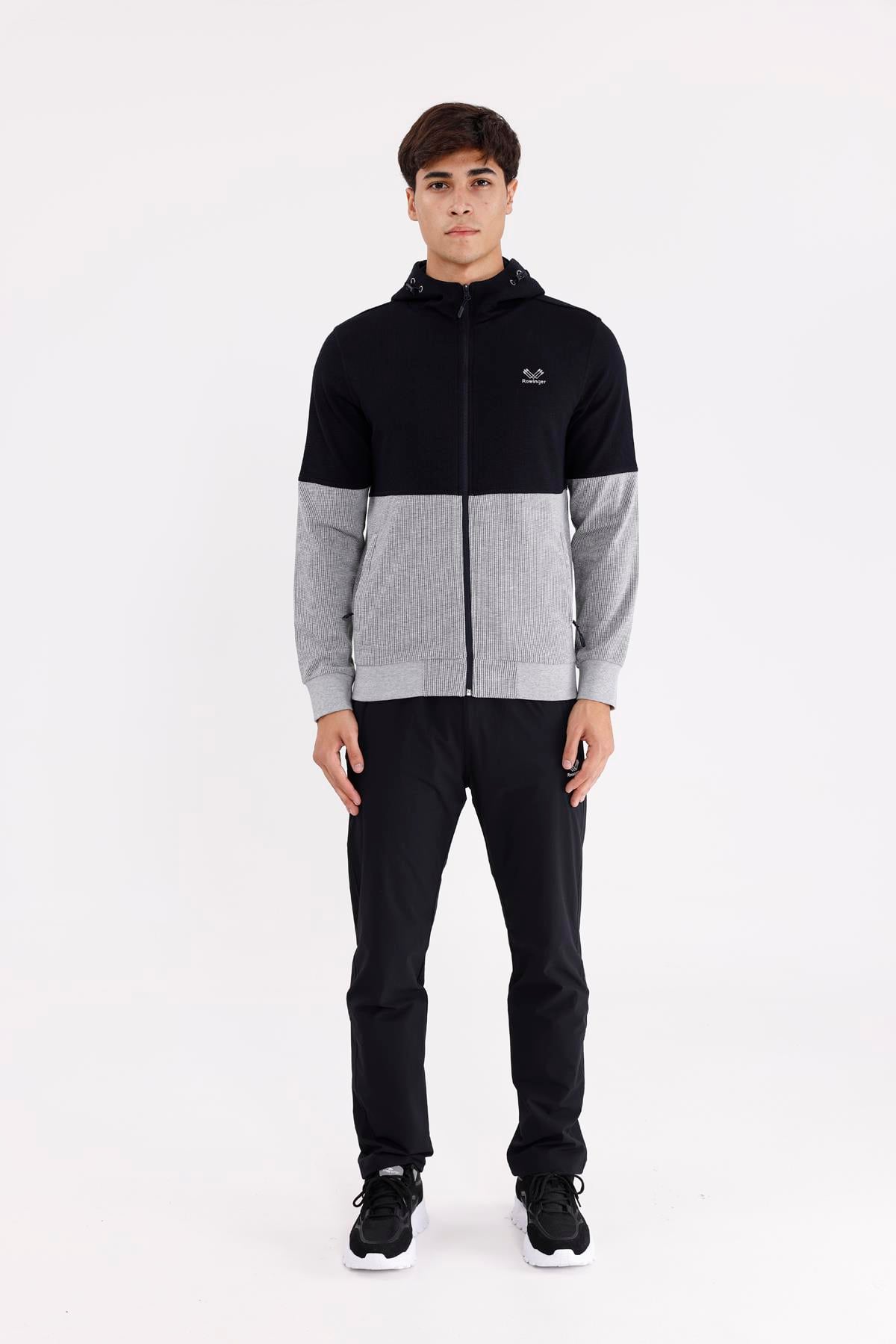 Blok Renkli Pıtırcık Yüzeyli Tam Fermuarlı Yan Cepli Esnek Manşetli Kapüşonlu Sweatshirt