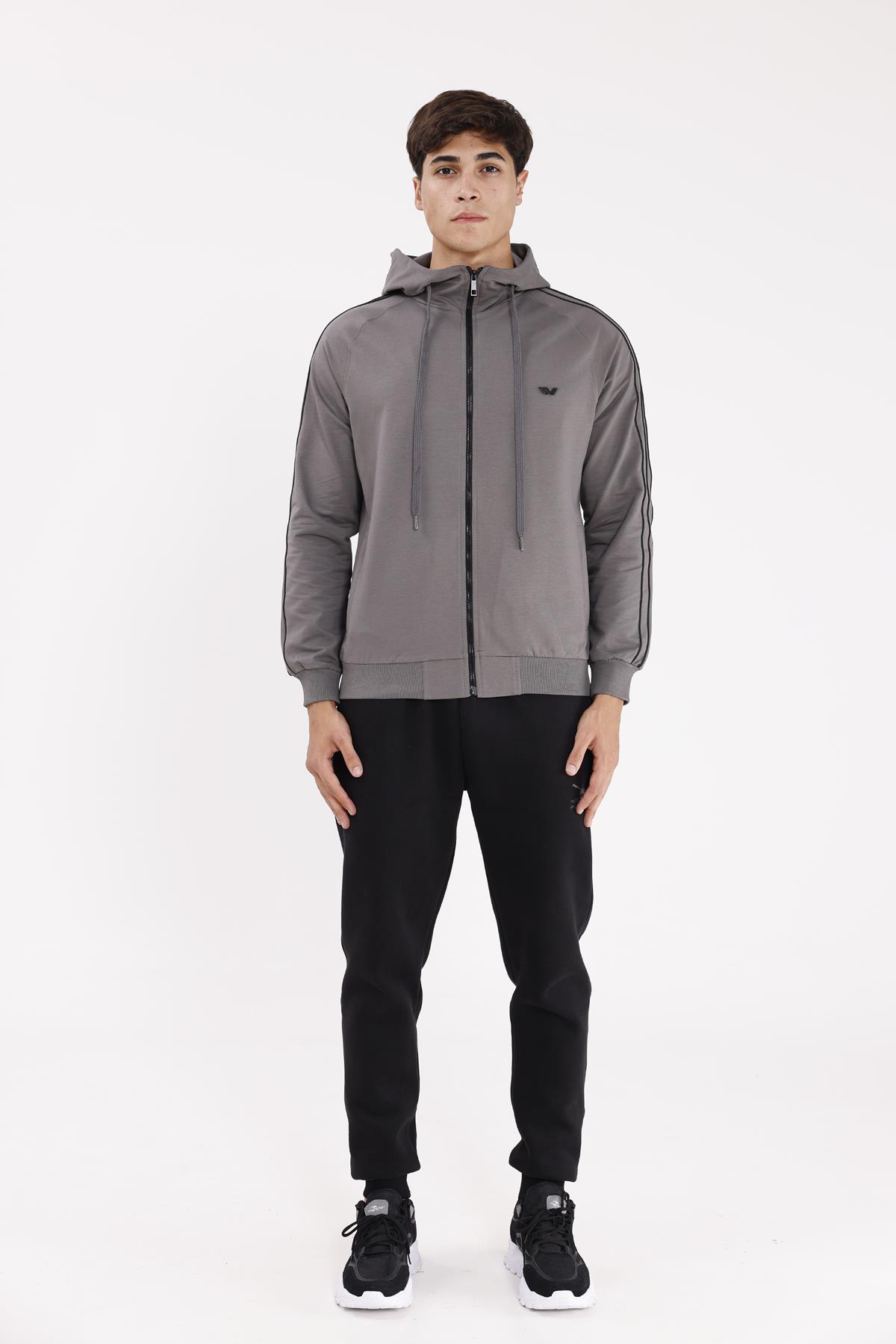 Çift Şerit Kol Detaylı Tam Fermuarlı Cepli Rahat Kalıp Ayarlanabilir Kapüşonlu Sweatshirt