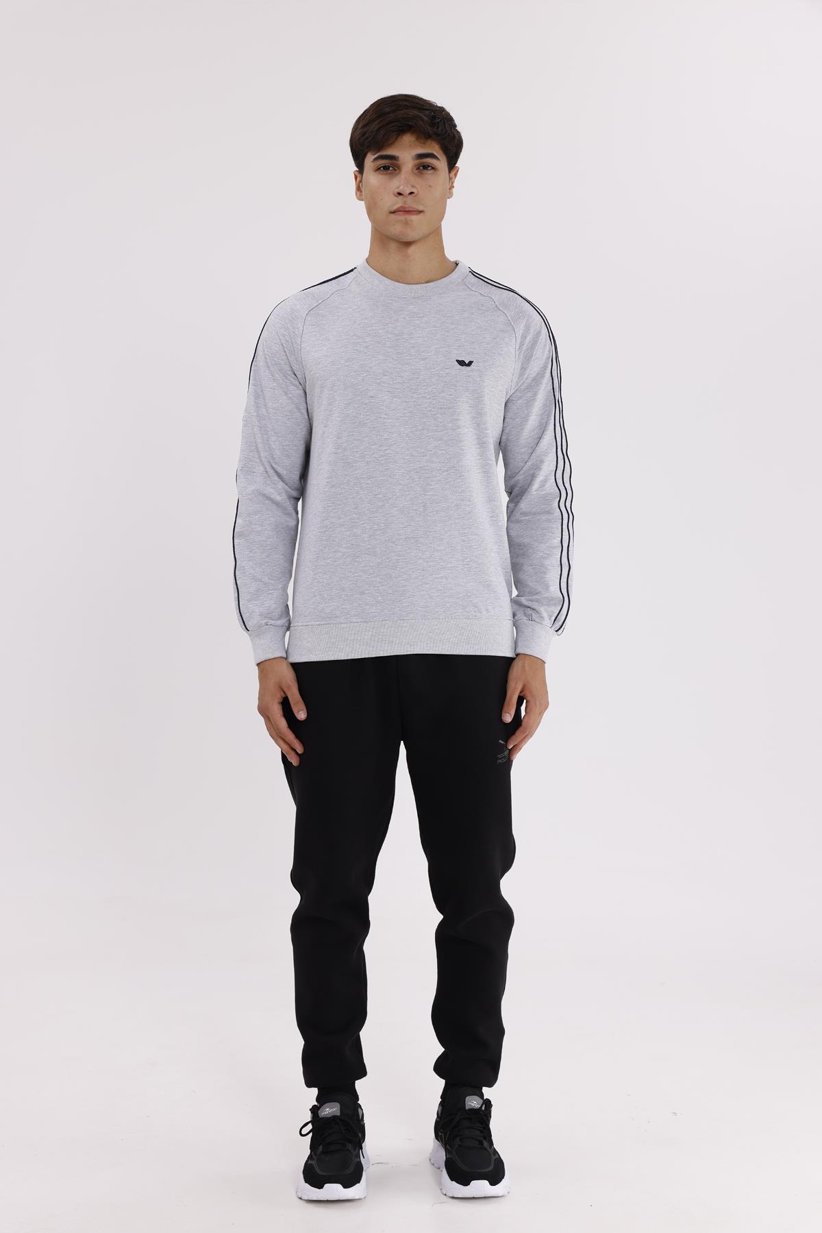 Çift Şeritli Raglan Kol Minimal Logolu Bisiklet Yaka Sweatshirt