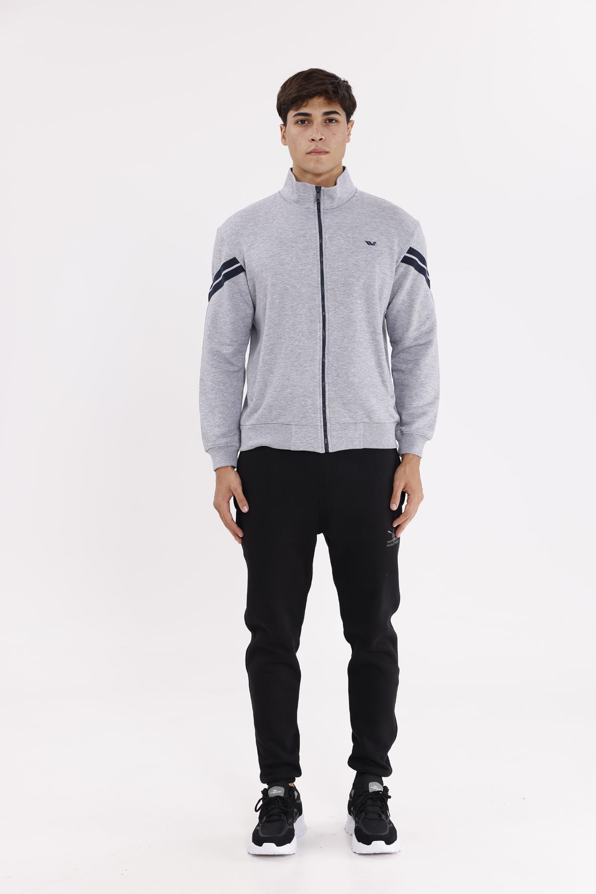 Dik Yaka Çift Şerit Kollu Tam Fermuarlı Sweatshirt