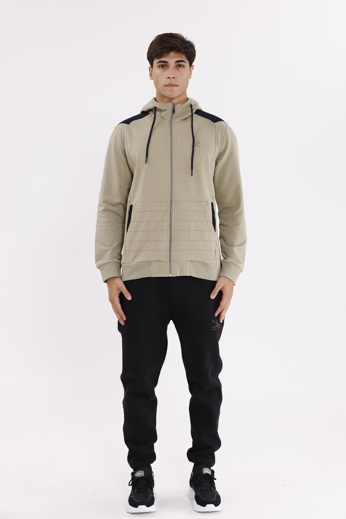 Omuz Panel Detaylı Fermuarlı Kapüşonlu Erkek Sweatshirt