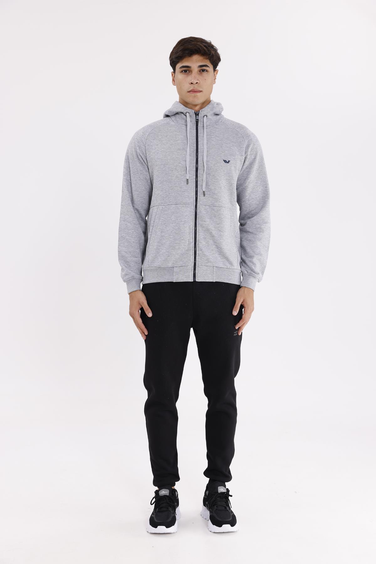 Raglan Kol Tam Fermuarlı Kordonlu Kapüşon Kanguru Cepli Süper Koton Rahat Kalıp Kapüşonlu Sweatshirt