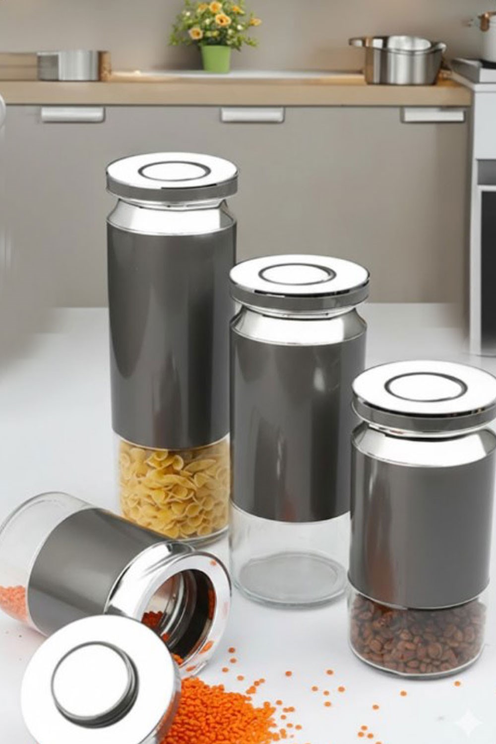 Kosova 4 Lü Gri- Gümüş Cam Kavanoz Seti 1550ML-1230ML-940ML-690ML