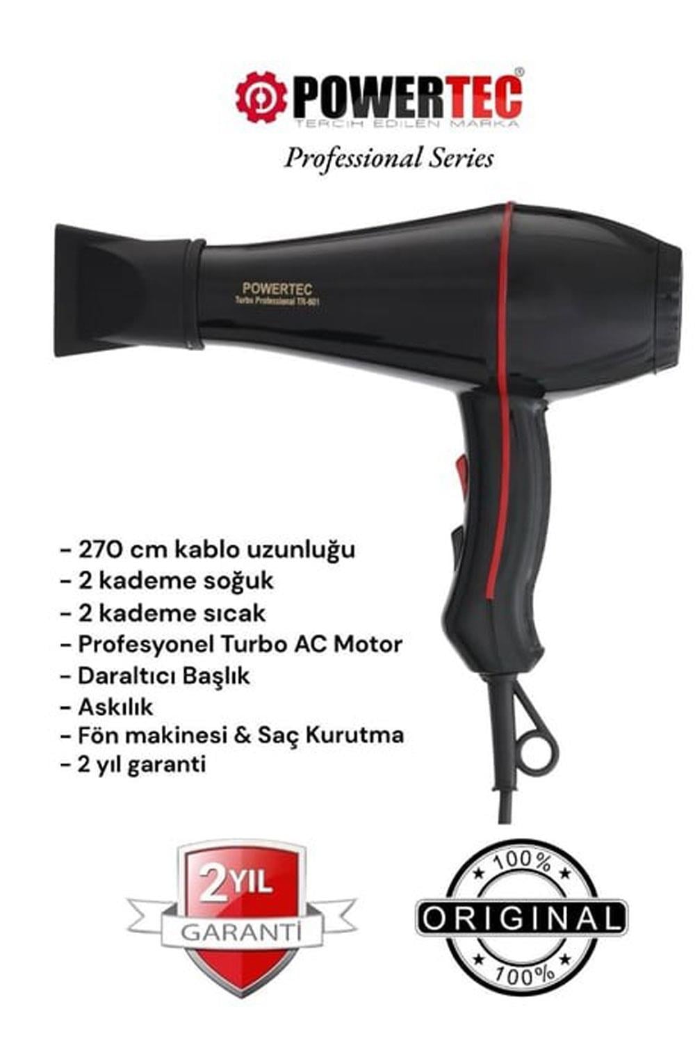 Powertec Profesyonel TR-601 Siyah Saç Kurutma Makinesi
