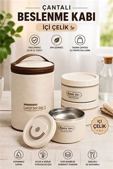 Isı Yalıtımlı Çanta 3 Parça Vakumlu Yemek Termosu Beslenme Kutusu Lunch Box Sefer Tası