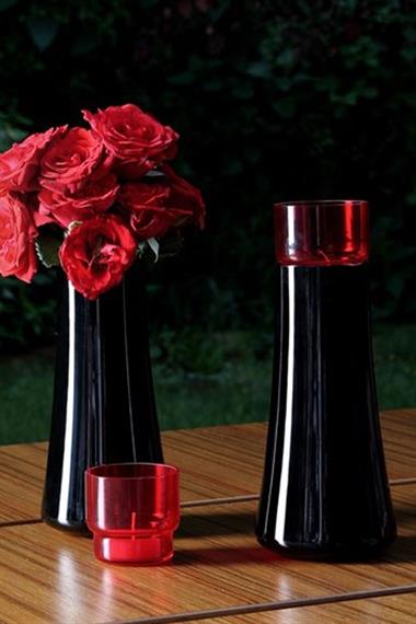 Paşabahçe Denizli Cam El İmalatı Kristal Siyah- Kırmızı Başucu Sürahisi-Vazo-Mumluk 1000575 92173