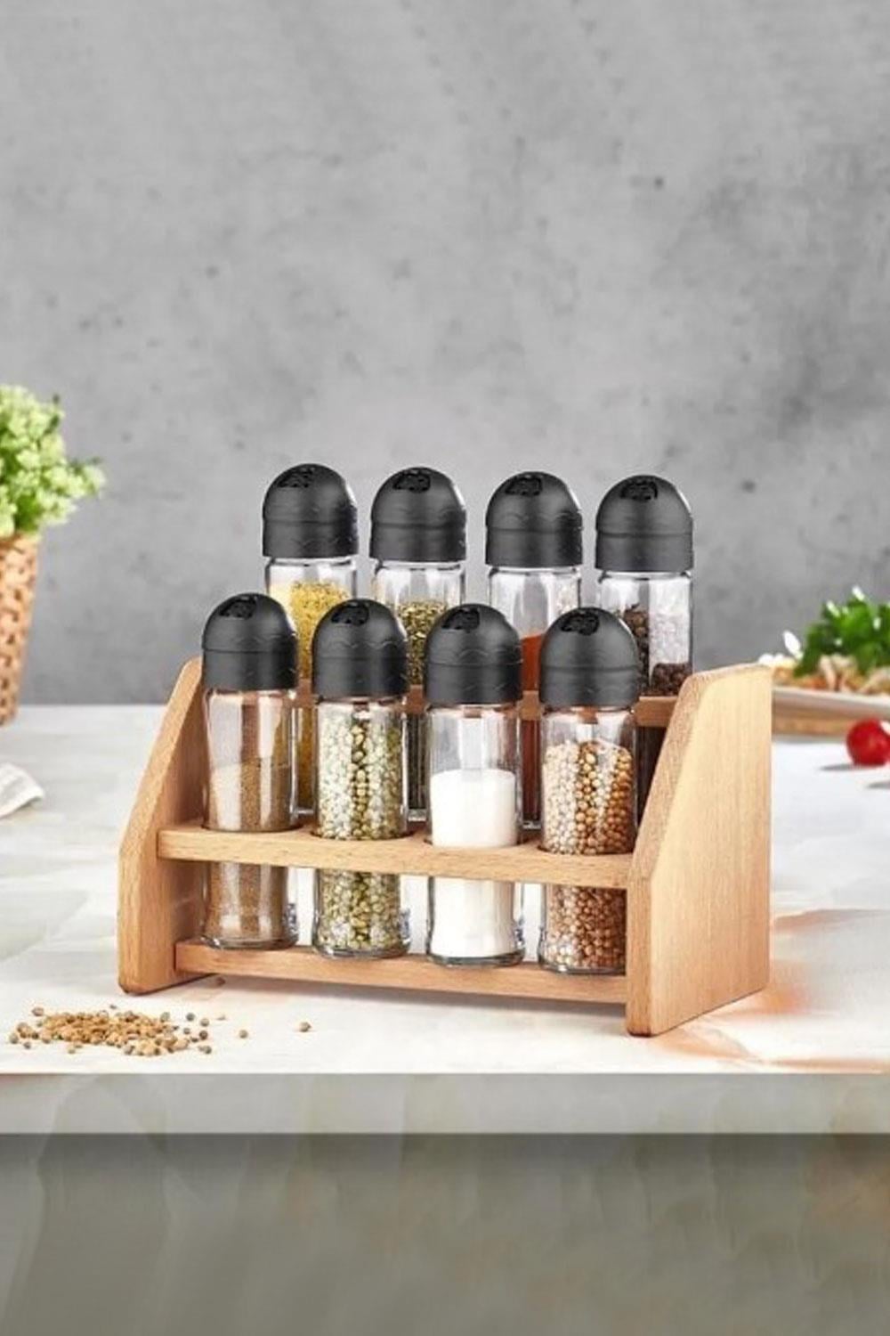 Ahşap Standlı 8 Li Cam Baharatlık Takımı