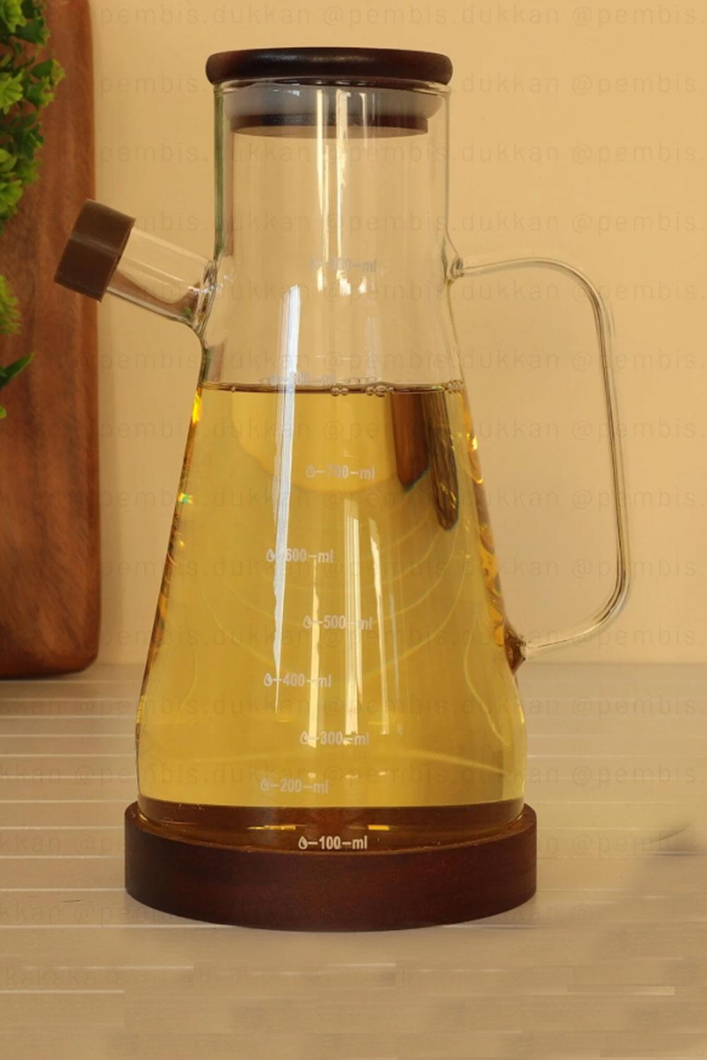 Borosilikat Cam Yağdanlık Sürahi– Akasya Kapak Ve Altlıklı 900 ML