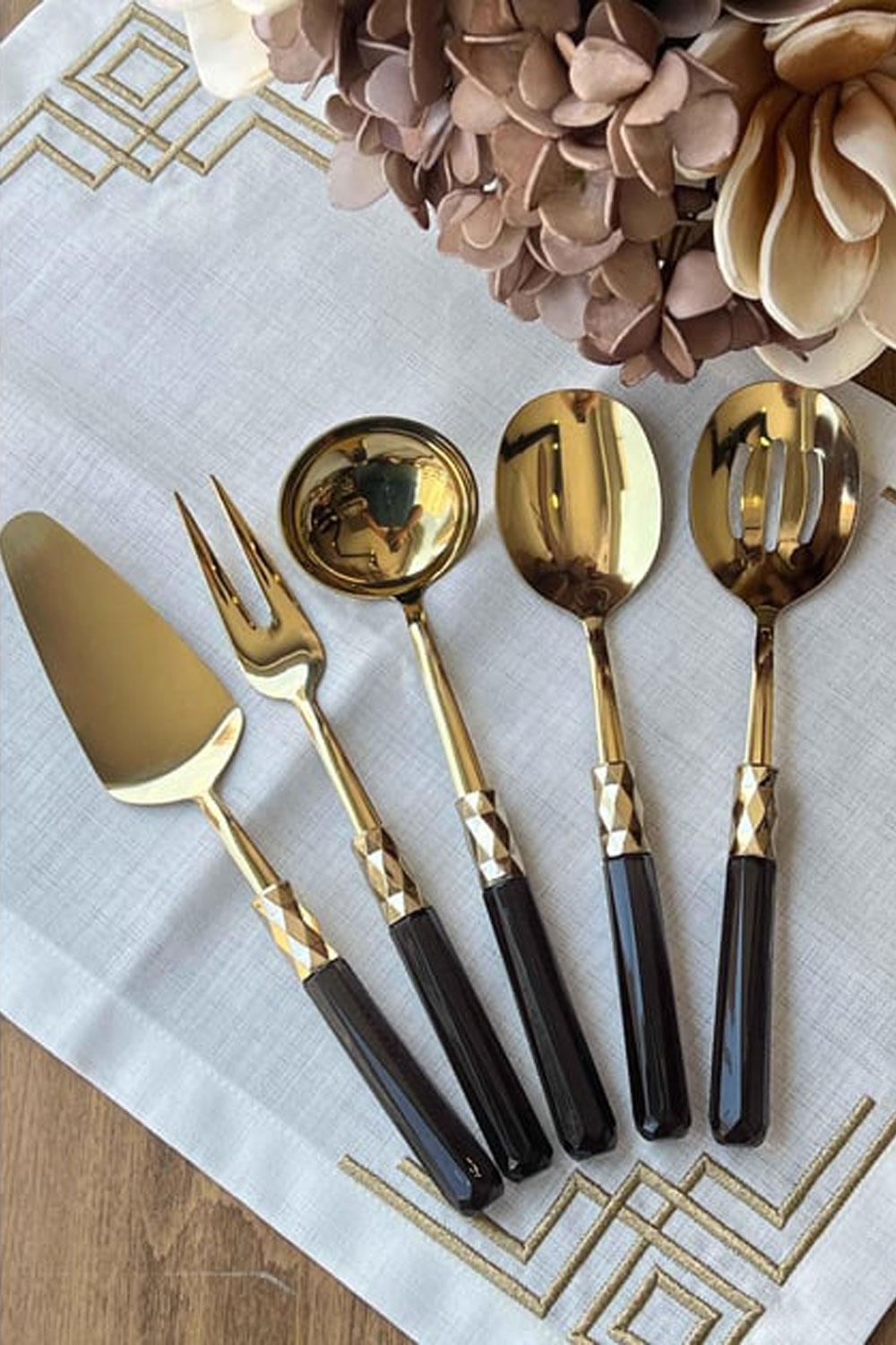 Diamond Gold Siyah Servis Sunum Kaşık Seti 5 Parça