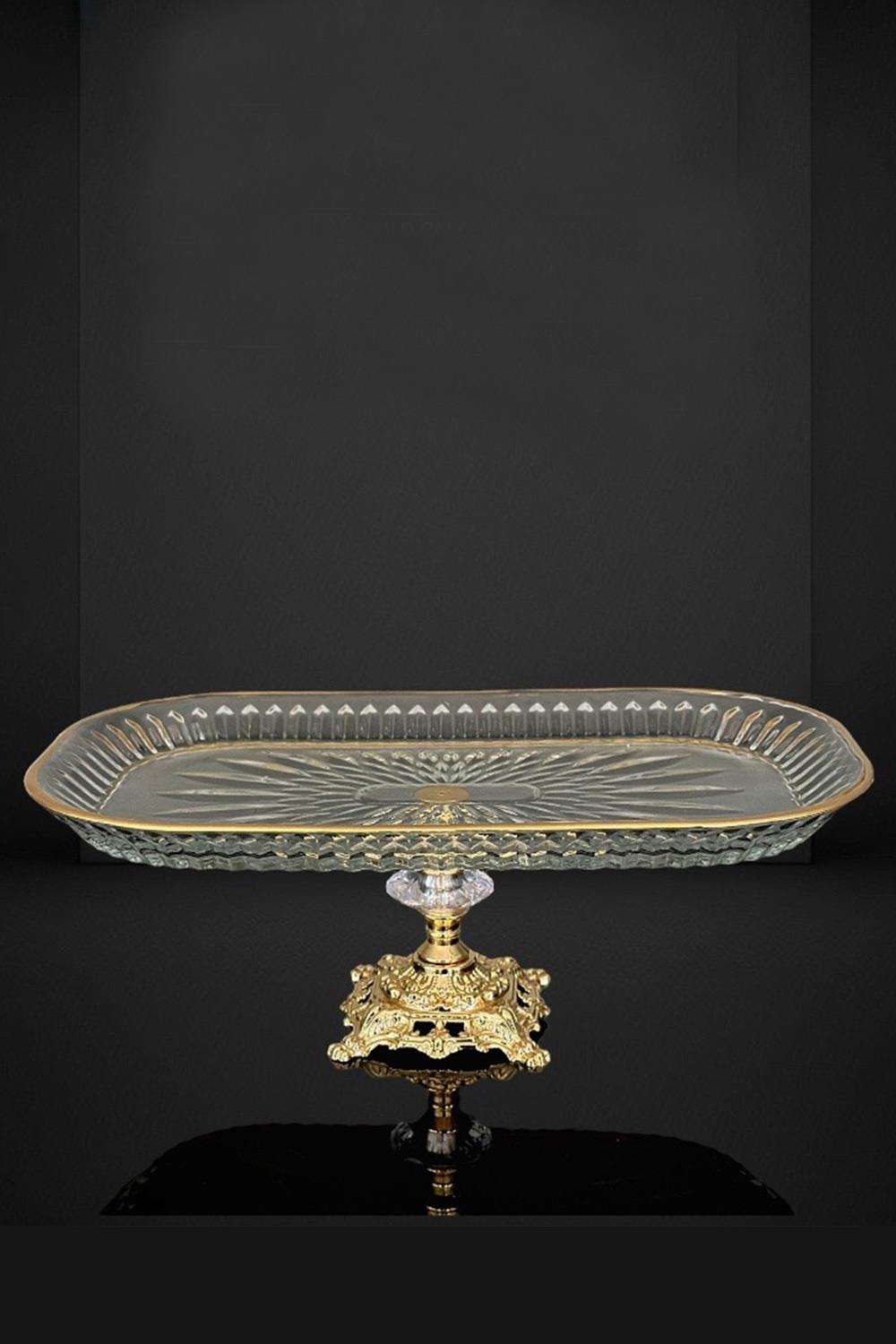 Efegil Cam Dikdörtgen Oval Gold Ayaklı  Sunumluk 18*30*11 CM