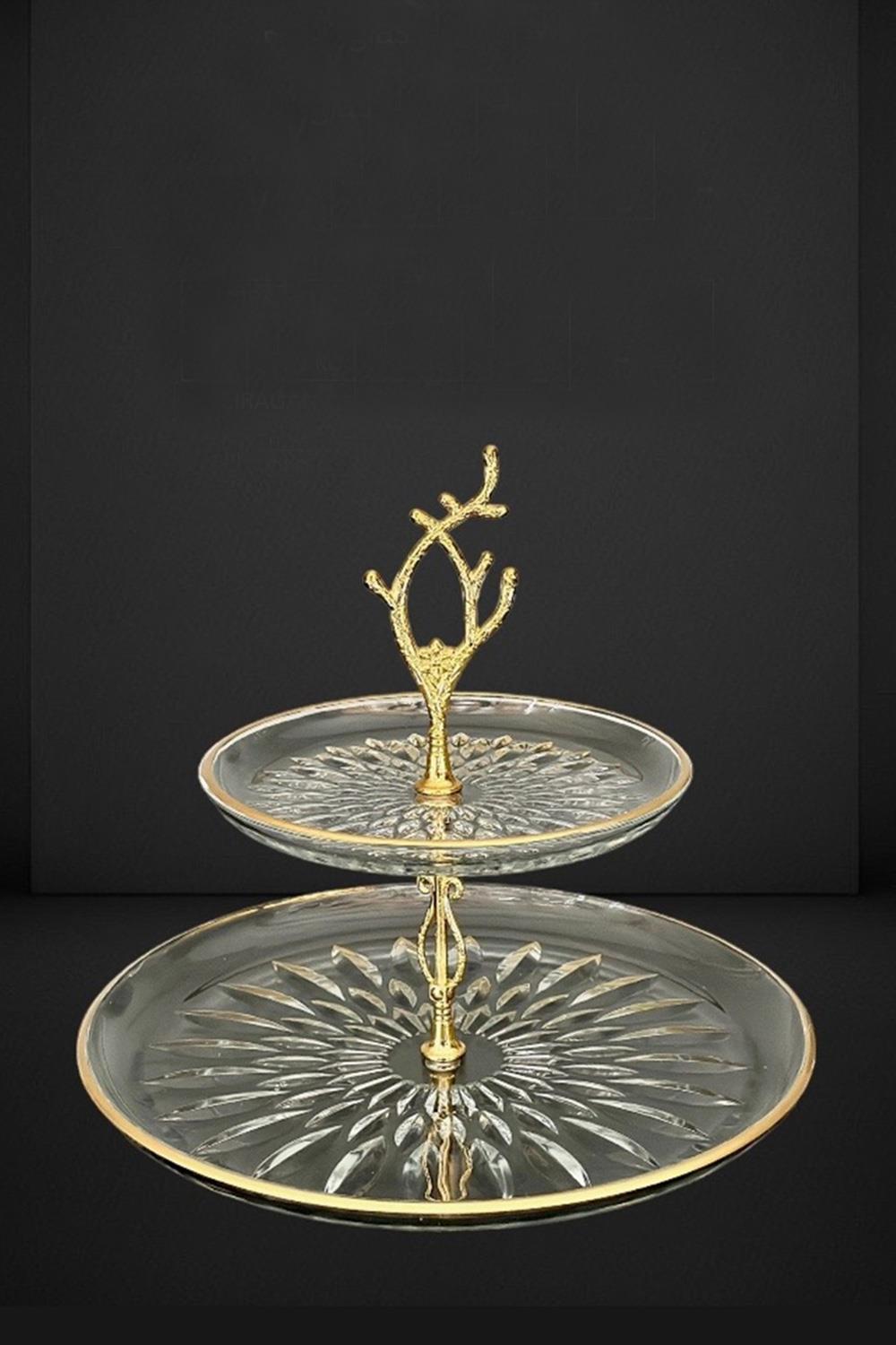Efegil Cıragan Cam 2 Katlı Gold Detaylı Tutamaçlı Sunumluk 30x19x26 Cm