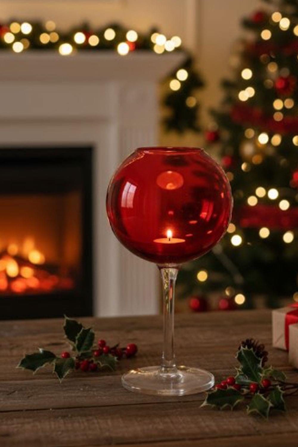 Paşabahçe El İmalatı Kristal Kırmızı Dekorlu Ayaklı Kadeh Mumluk 1 Adet 21809