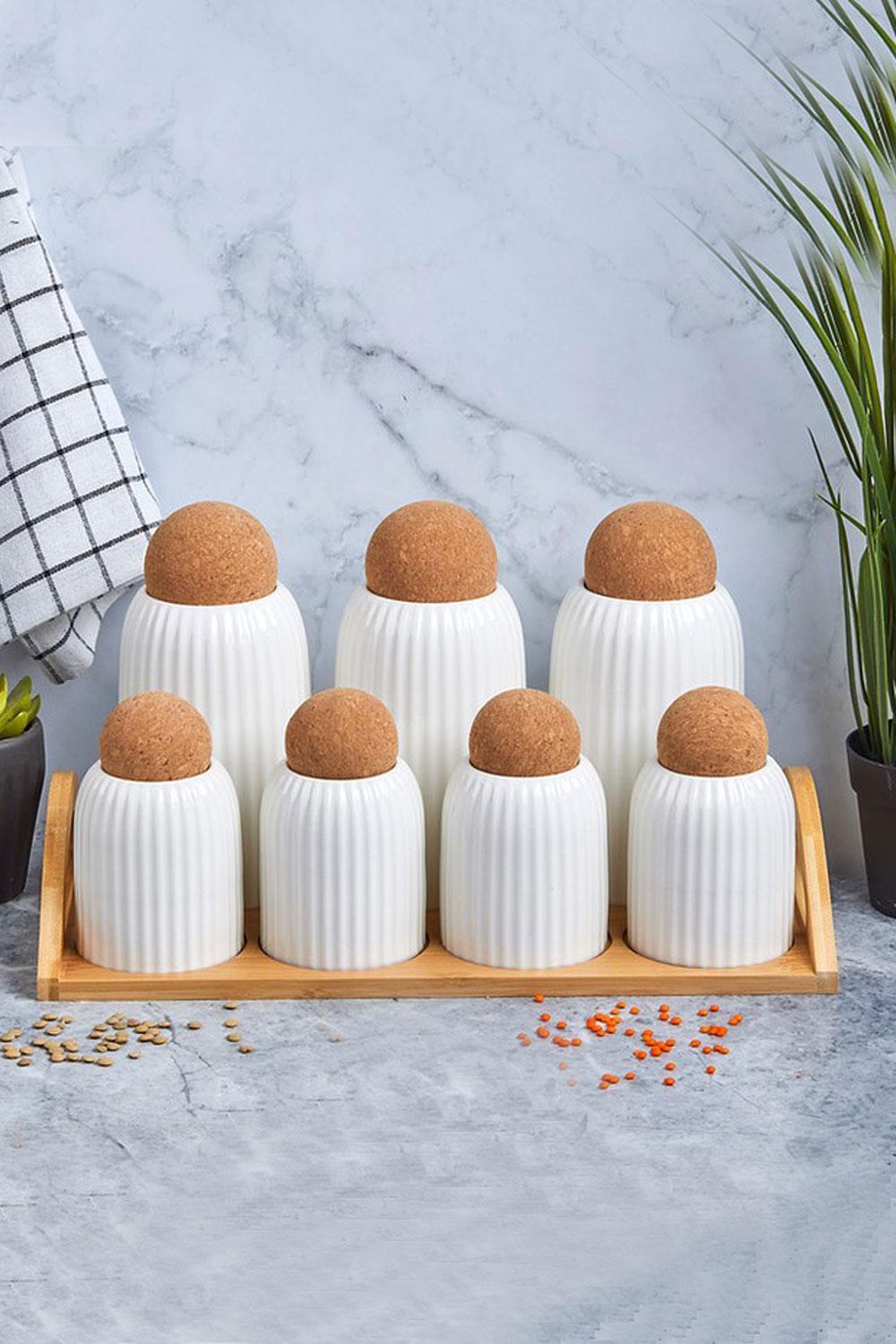 Perotti Porselen Cork 7 li Bambu Standlı Baharat Takımı