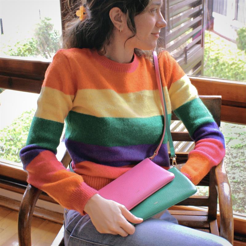 Askılı Deri Dikdörtgen Çanta Pembe