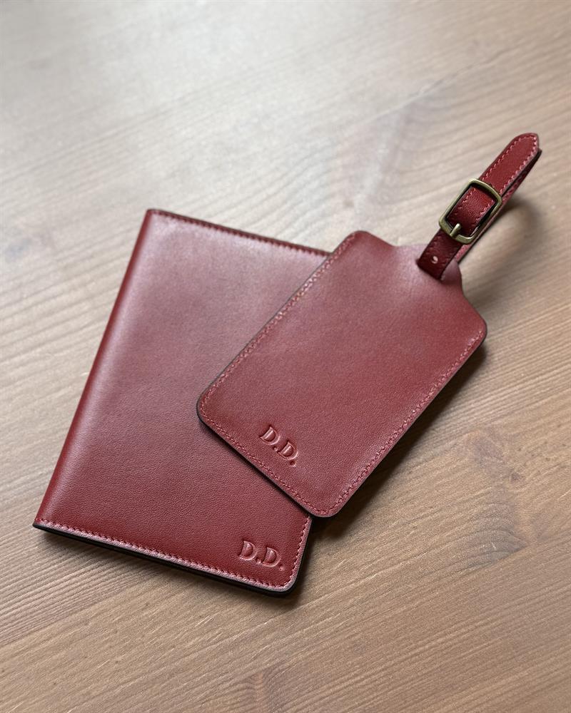 Bordo Deri Pasaport Kılıfı, Valiz Etiketi ve Anahtarlık Hediye Kutusu