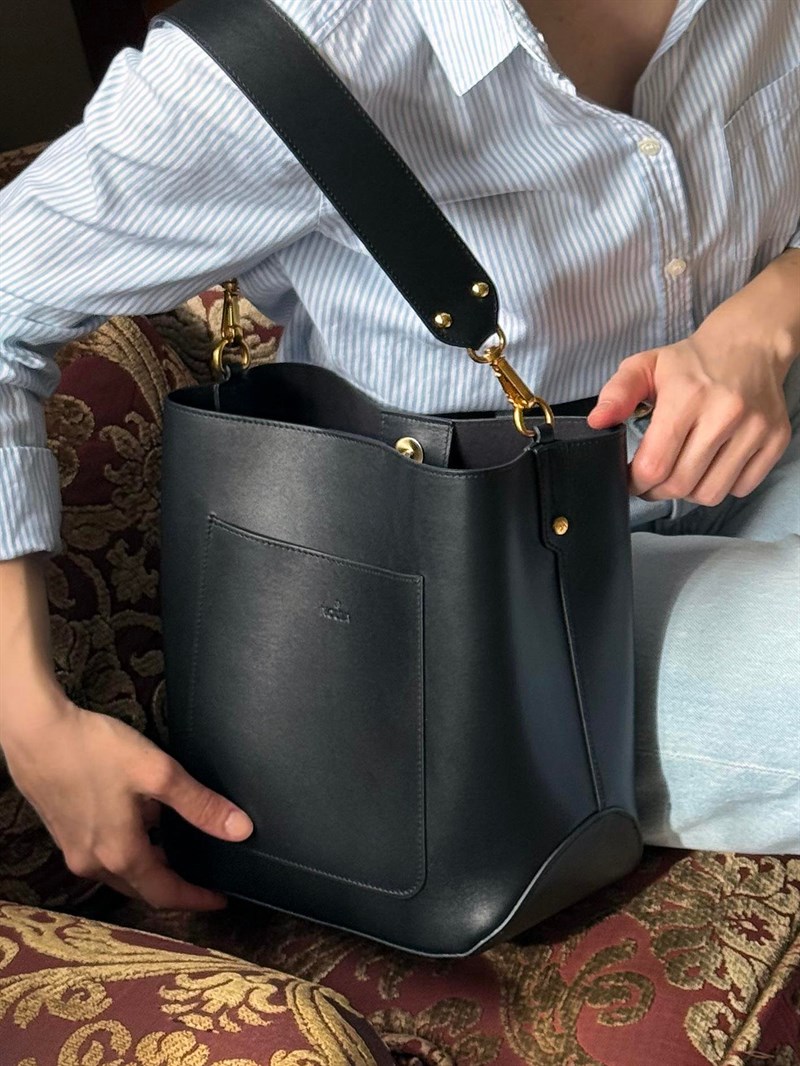 Çift Askılı Deri Bucket Çanta Siyah