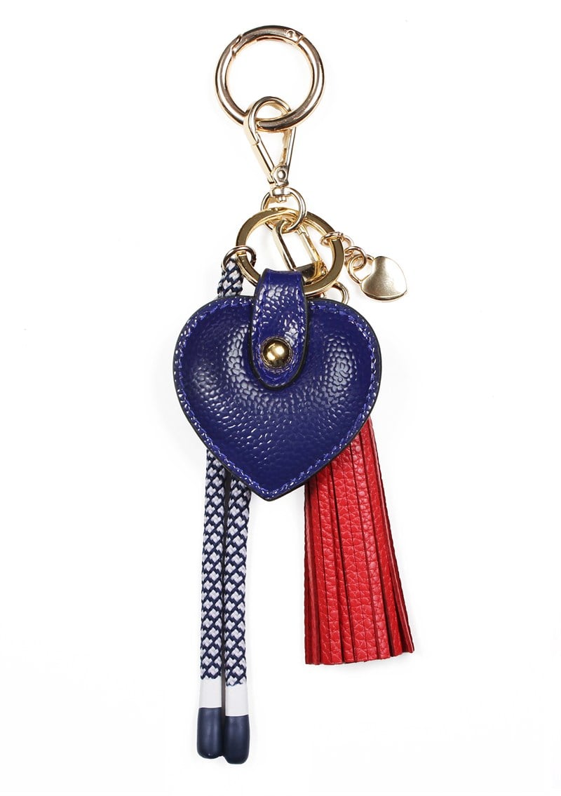 Deri Kalp Anahtarlık ve Püskül Çanta Süsü Rugan Mavi ve Kırmızı