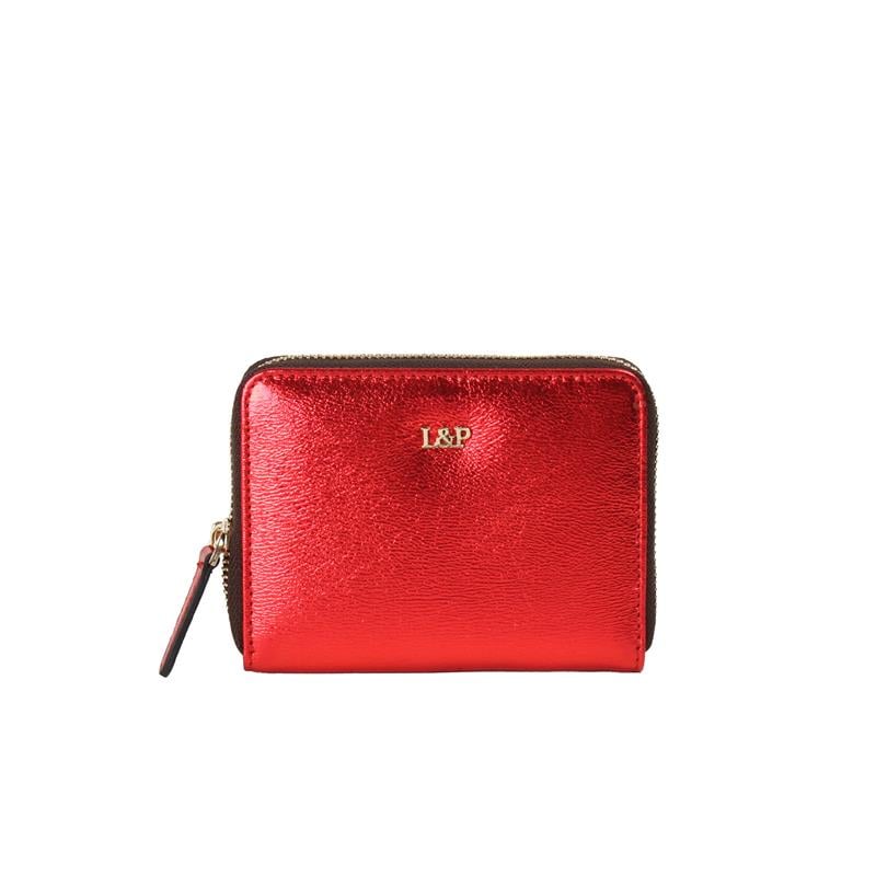 Deri Mini Cüzdan Parlak Kırmızı Metal Logolu