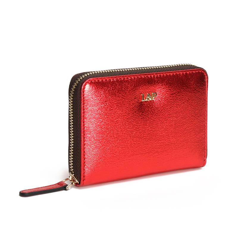 Deri Mini Cüzdan Parlak Kırmızı Metal Logolu
