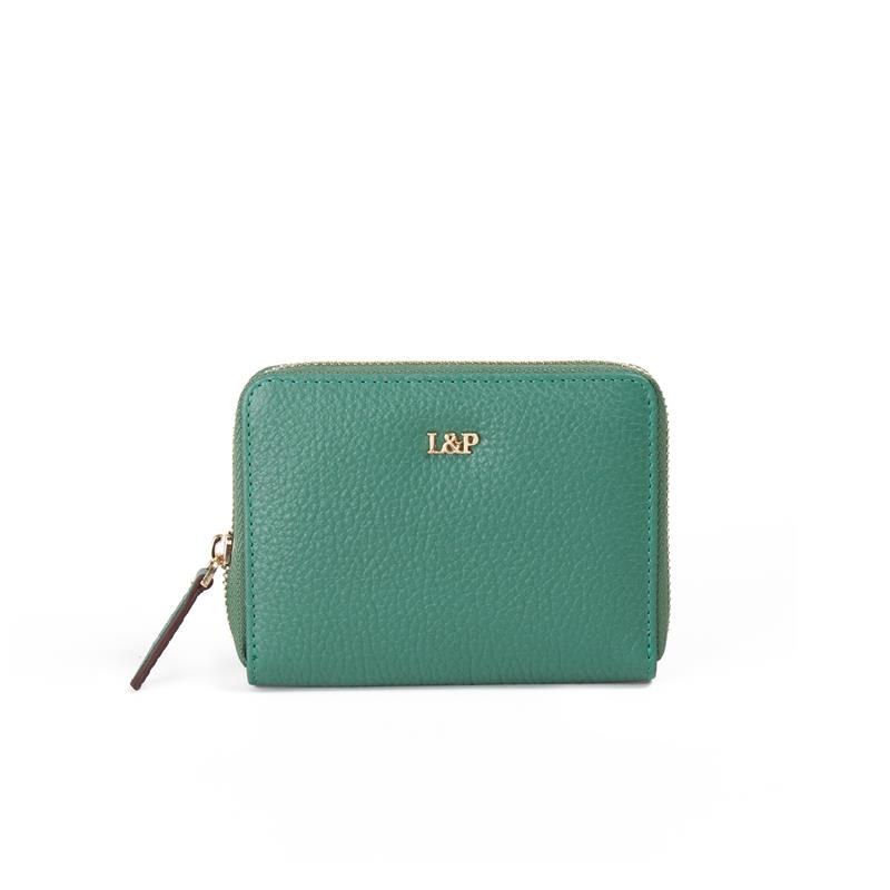 Deri Mini Cüzdan Zümrüt Yeşil Metal Logolu 
