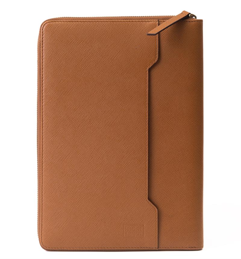 Dokulu Deri Fermuarlı Büyük Organizer El Çantası Taba