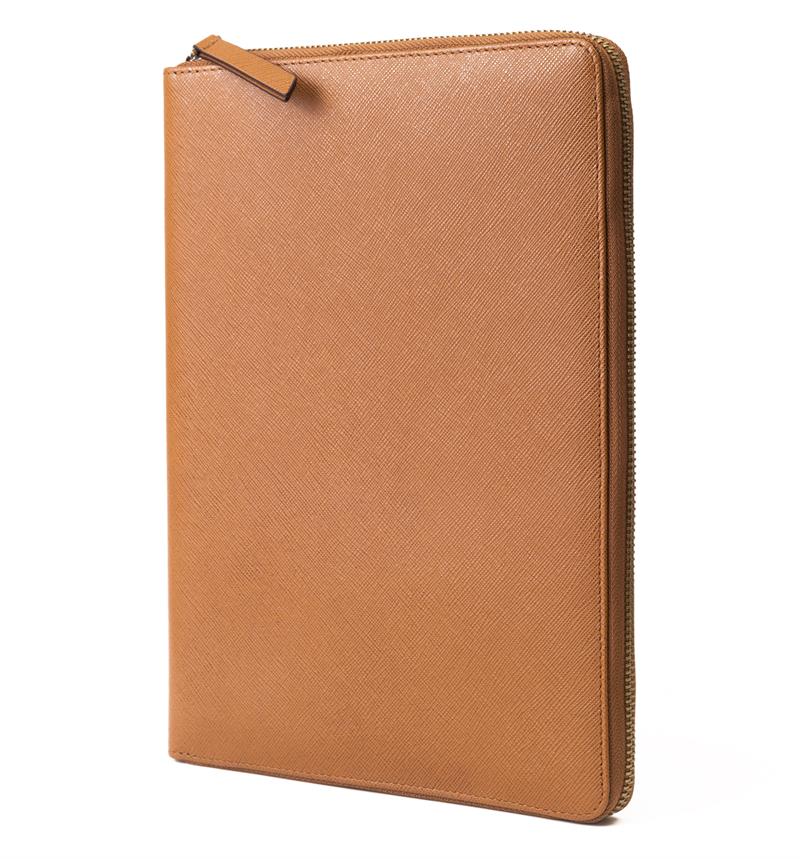 Dokulu Deri Fermuarlı Büyük Organizer El Çantası Taba