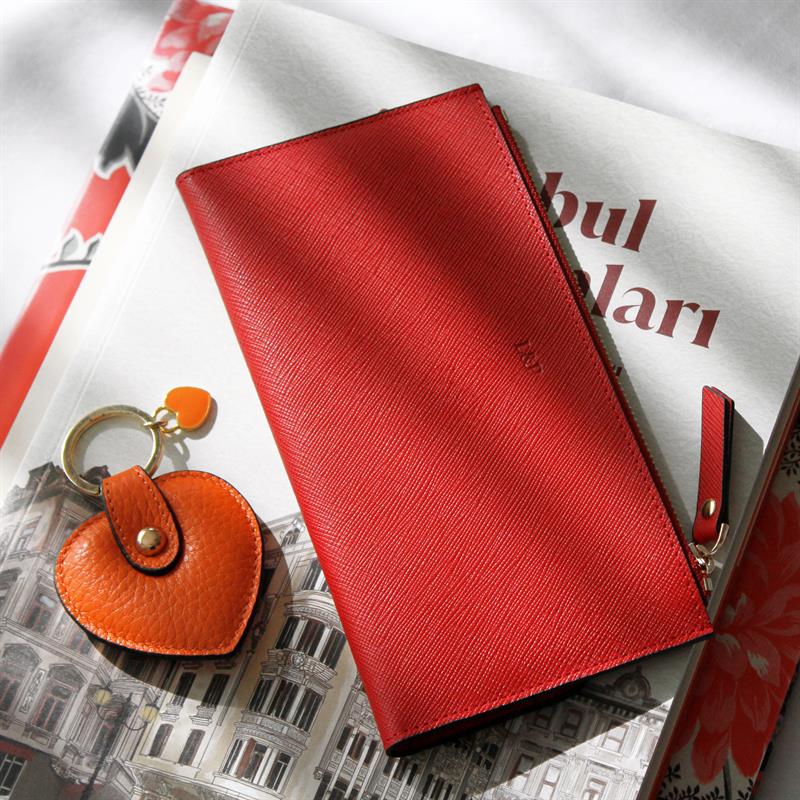 Dokulu Deri Slim Cüzdan Kırmızı